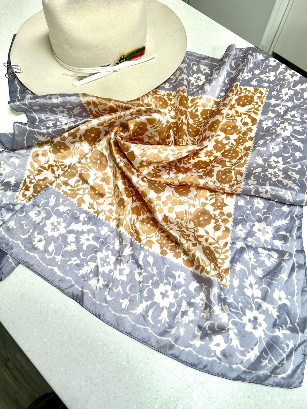 Floral Satin Scarf in tan and Gray w cottagecore prairie vibe